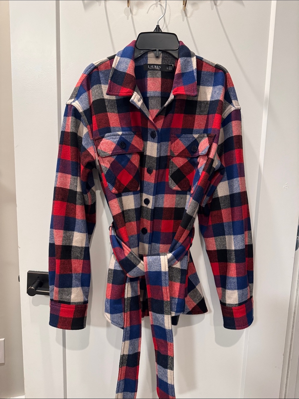 Ralph Lauren Red Navy Cream Plaid Belted Shirt jacket